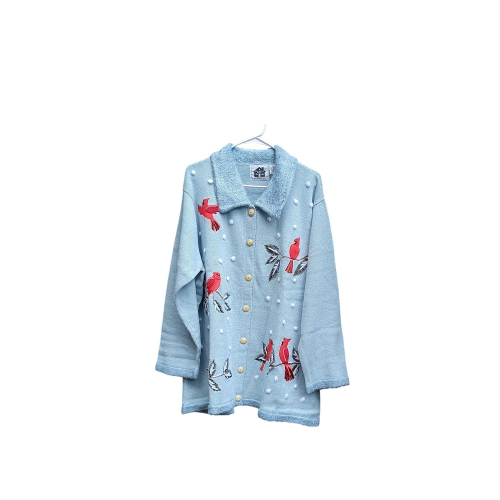 Storybook Knits Blue Cardinal Bird Embroidered Cardigan Sweater Plus Size 3X